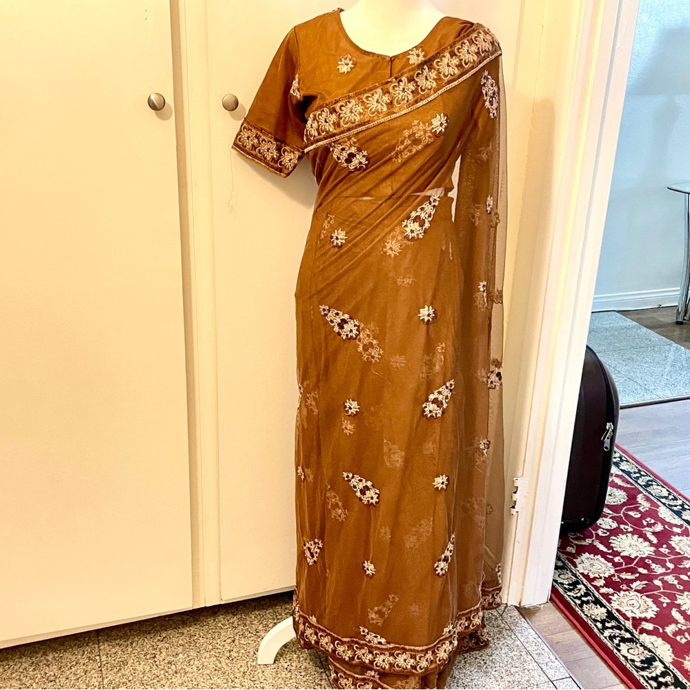 Pakistani indian embroidered sequence stitched saree with skirt